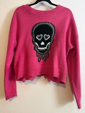 No Boundaries Hot Pink Skull Crewneck Sweater